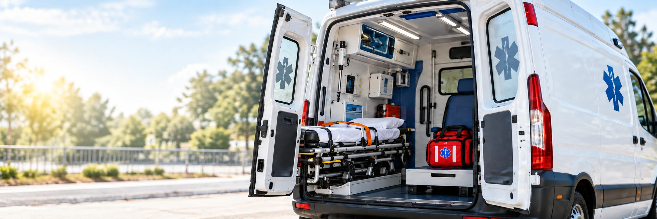 Wnętrze ambulansu medycznego z noszami i wyposażeniem ratowniczym